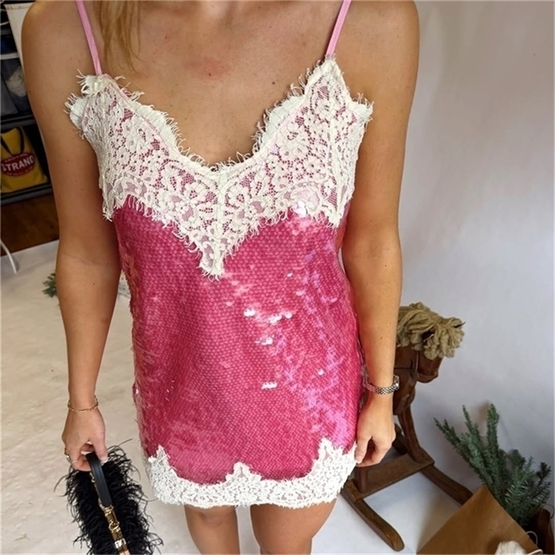 Women Shinny Sleeveless Spaghetti Strap Dress Summer Sequin Sparkly Lace Patchwork V-Neck Party Club Dress Night Gown 260623