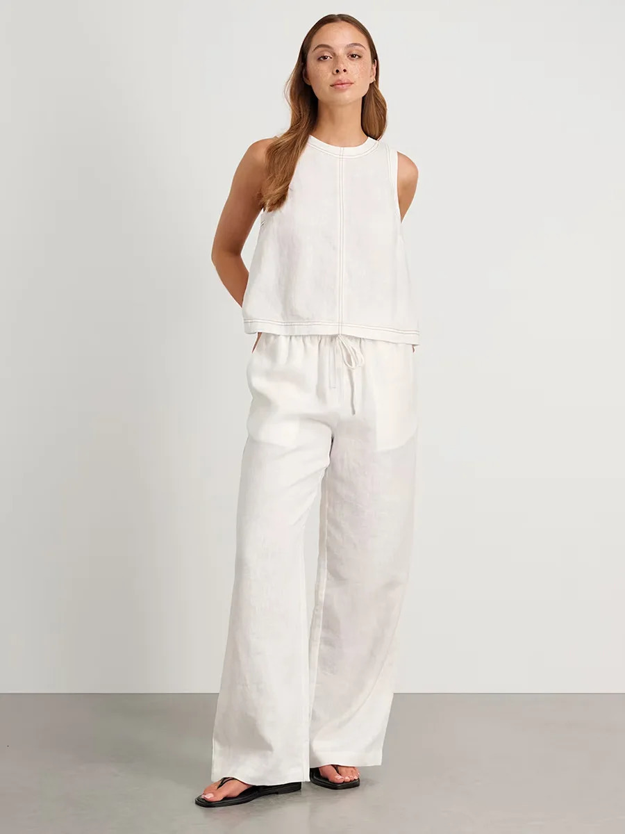 Bronladies Cotton Linen Vest Pants Set Womens Wide Leg Long Pants Sleeveless Top Casual Suit Spring Summer Pant Sets 260617