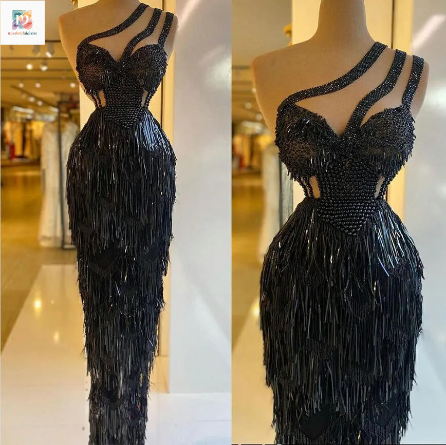 African Black Sexy One Shoulder Prom Dresses Sequins Beaded Tassel Mermaid Evening Gowns Woman Formal Party Birthday Dress Mb618