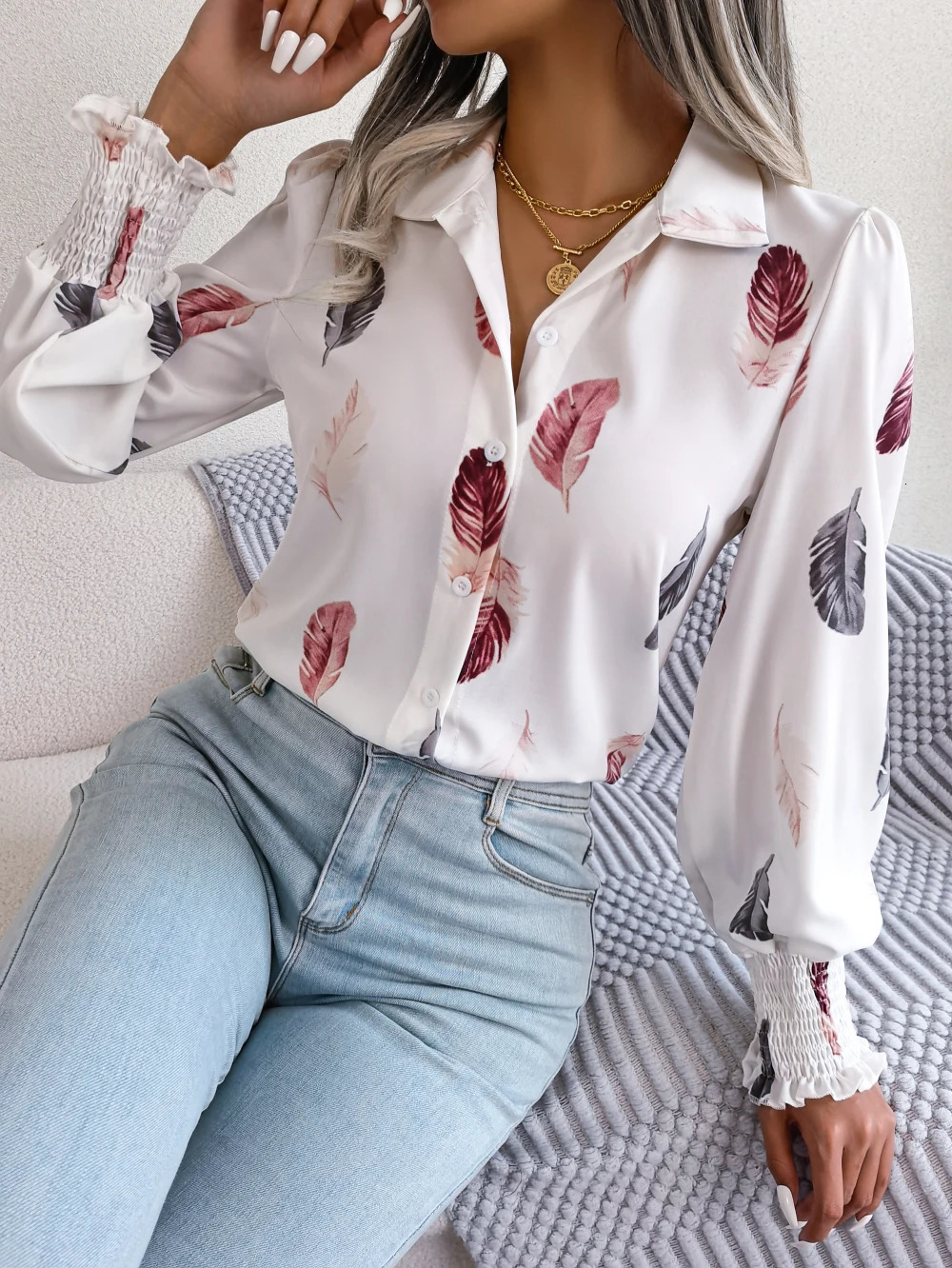 Womens Casual Feather Print Long Sleeve Office Lady Shirts for Autumn Turn Down Collar Buttons Woman Clothing White Pink Blue 260623