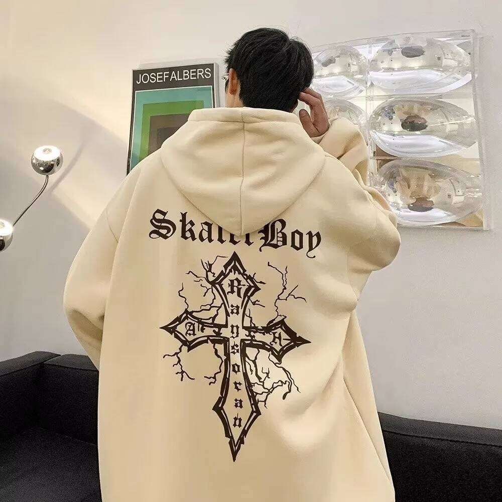 M-8XL Men's Large Hoodie Loose Fashion American Retro Cross Printed Long Sleeve Double Shirt J260624