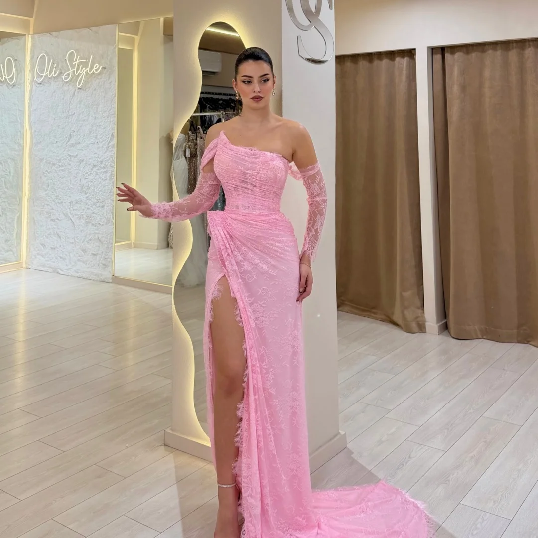 Sexy Pink Mermaid Prom Pageant Dress One Shoulder High Slit Long Lace Sleeves Evening Birthday Formal Party Gowns Robe De Soriee