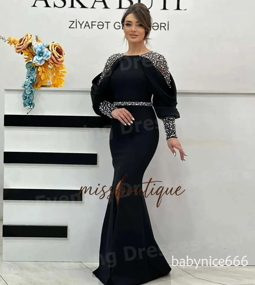 Fashion Black Evening Formal Dreses 2026 O Neck Long Sleeve Pearl Sequins Satin Floor Length Prom Party Gowns Robe De Soiree Abendkleider Q624