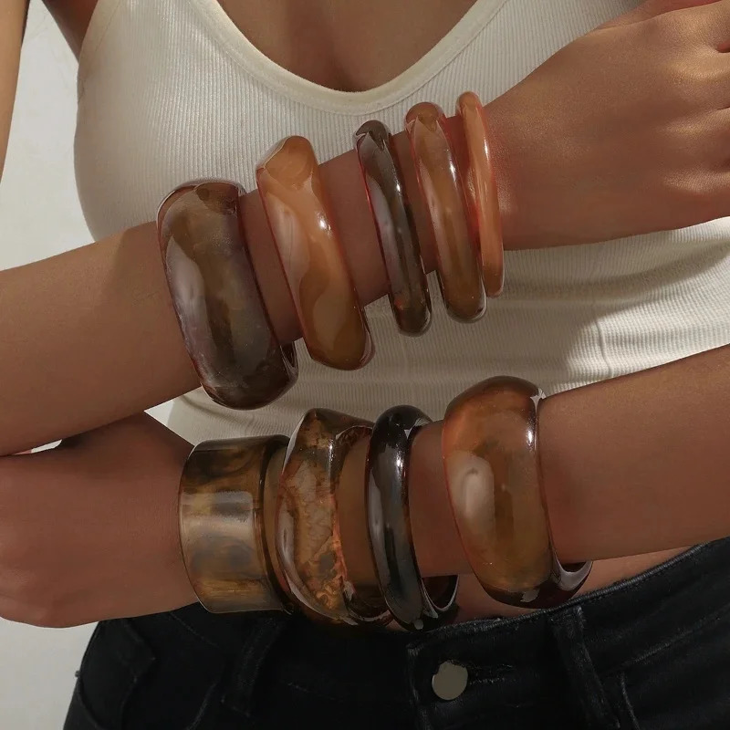 Vintage Punk Brown Coffee Thick Resin Acrylic Smudging Bangles Geometric Irregular Bangle Bracelets For Women Men Jewelry 260623
