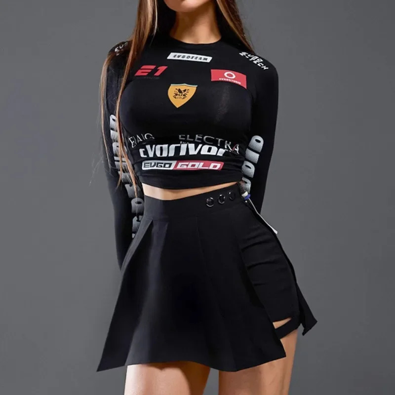 Europe American Spicy Girl Tight Racing Style T-shirt Sping Long Sleeved Letter Printed Round Neck Top Tees Wild Base Shirt 260623