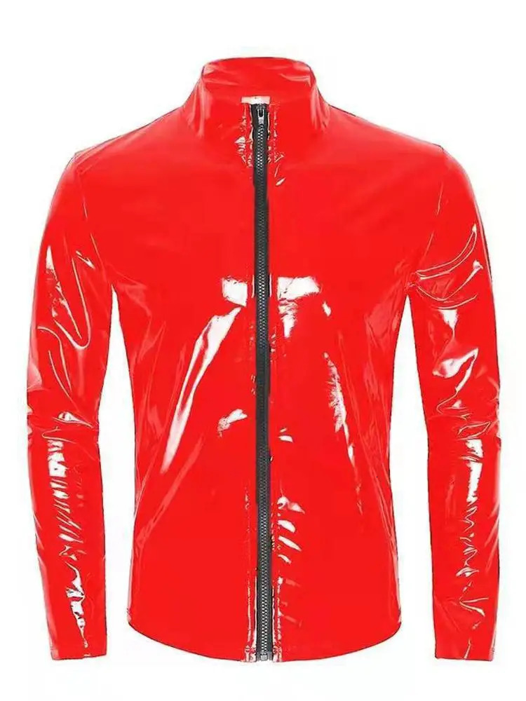 Long Sleeve Wet Look PVC Mens Jackets Coats Shiny PU Leather Tops Tights Sexy Clubwear Windbreaker Streetwear Motorcycle T Shirt 260624