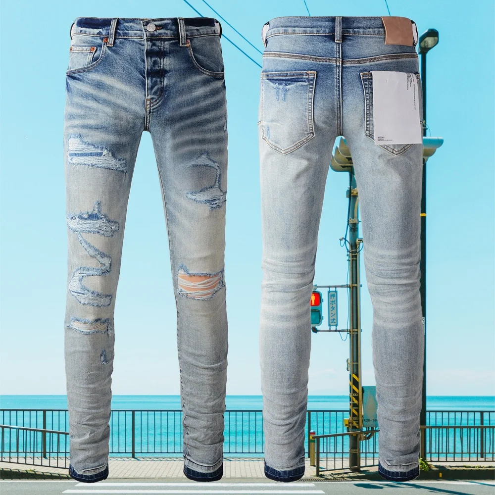 Fashion Blue Coated Blank Mens Jeans Vintage Low Rise Stretch Skinny Button Fly Ripped Hold Trendy Korean Style Pants 260618