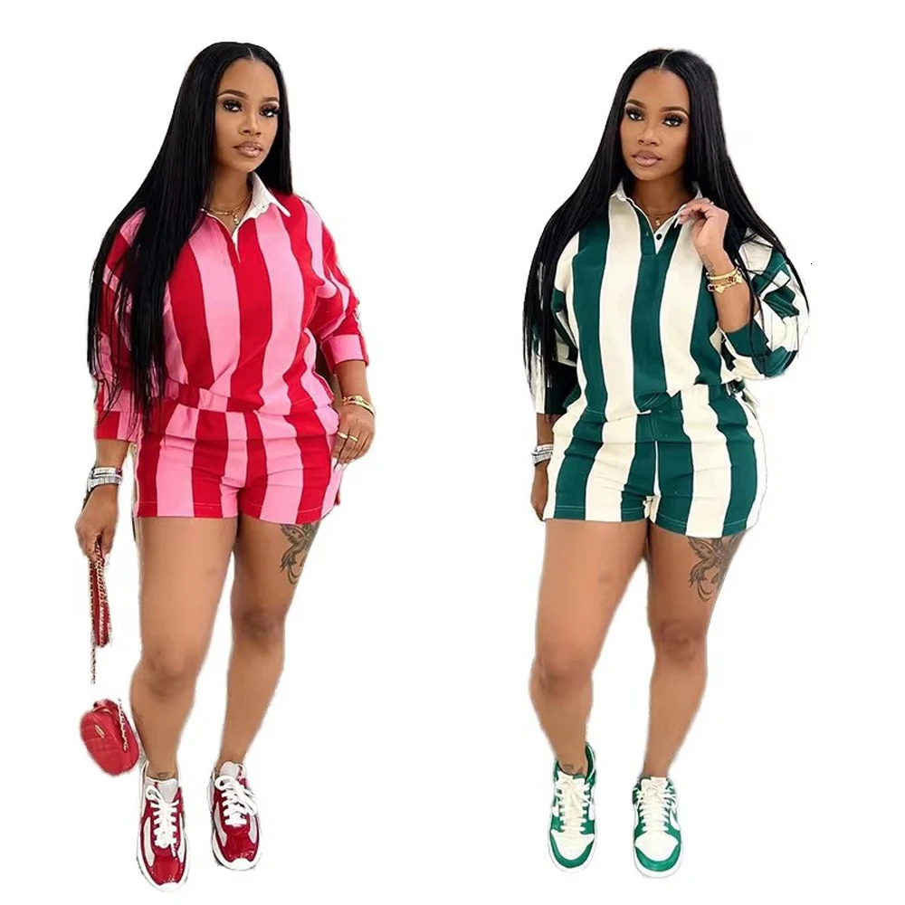 Womens Clothing Fashion Striped Sets Long Sleeve Polo-Neck T Shirt and Shorts Spring Summer 2 Two Piece Set Tracksuit 260623