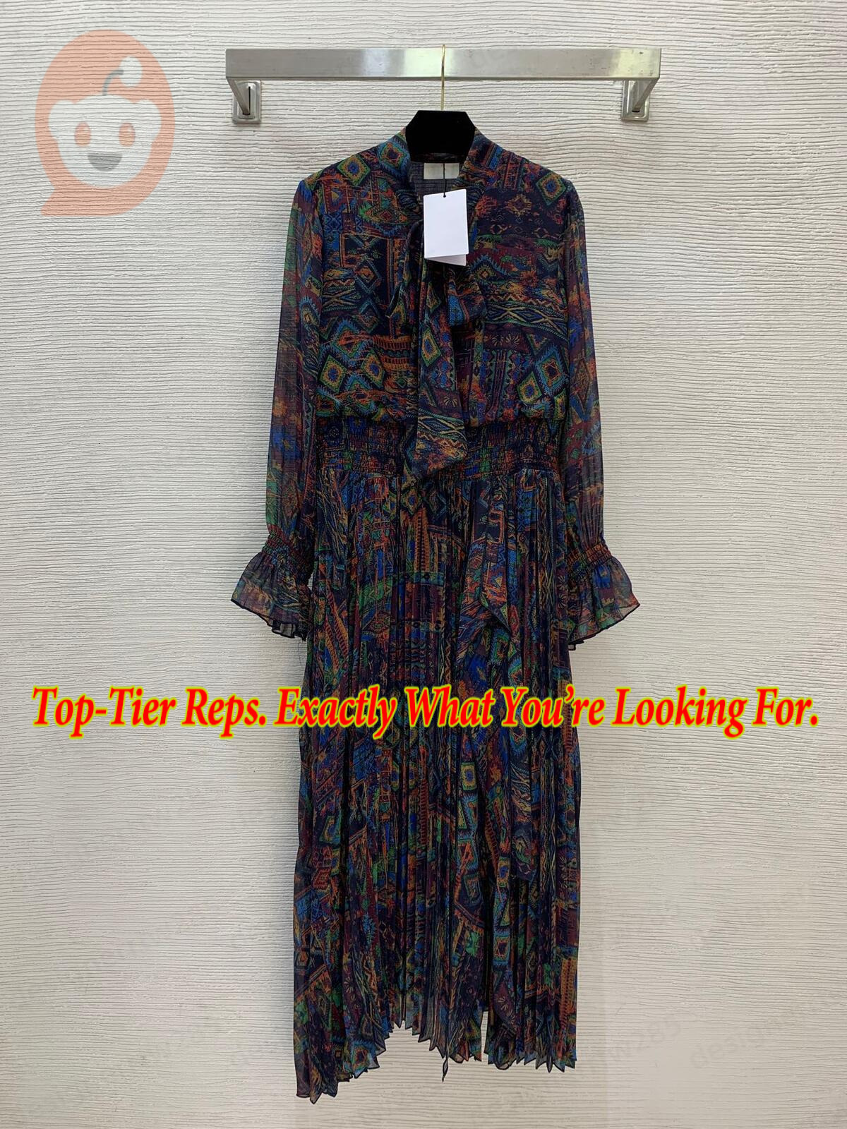 Cellli ne Designer Pleated Dress Tie Neck Long Sleeve Silk Chiffon Luxury Vintage Geometric Printed Dresses Women Elegant Casual Clothes Outfits-image-1111990459