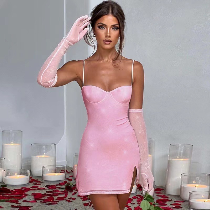 2024 Autumn Winter New Slim Fit Split Sexy Womens Short Dress with Gloves