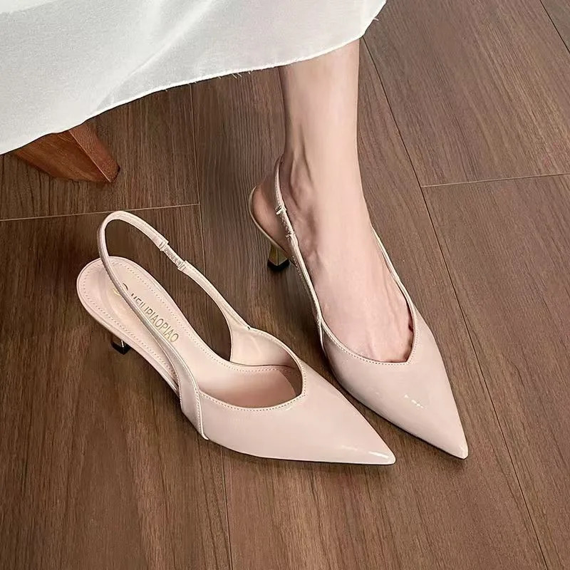 Summer Womens Pointed Toe Slip-On Mules Elegant Low Cut Back Strap Sandals High Heel Single Shoes Rubber Sole Simple Style 260624