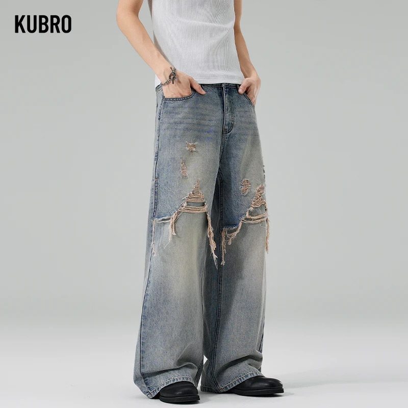 Mens Y2K Straight Jeans Distressed Men Jean Ripped Holes Washed Denim Pants Spring Loose Solid Zipper Pockets Casual Trend 2026 260618