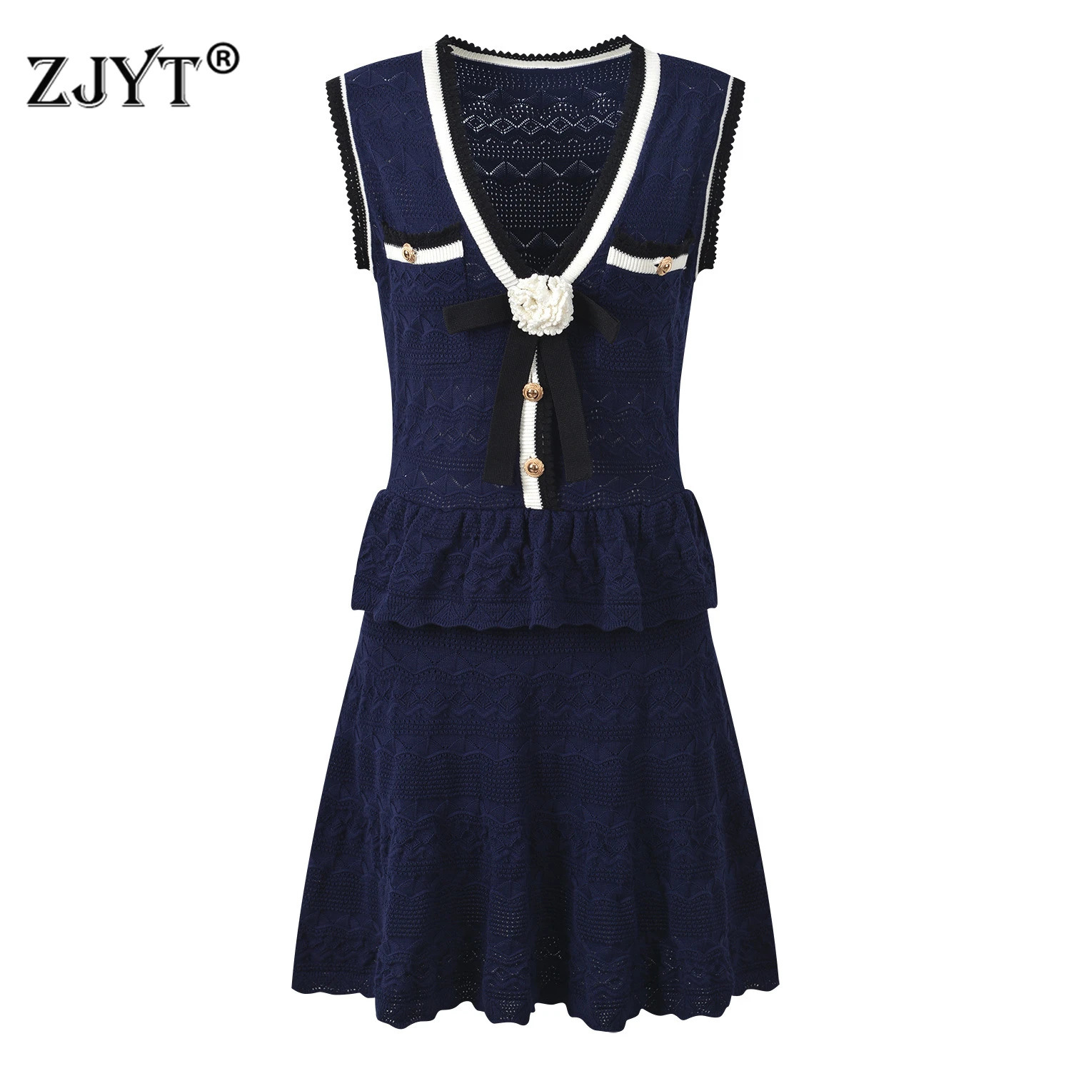 ZJYT Summer Womens Mini Dress Knitted Fashion 2026 Sleeveless Ruffles Patchwork Short Casual Party Dresses Female White 260623
