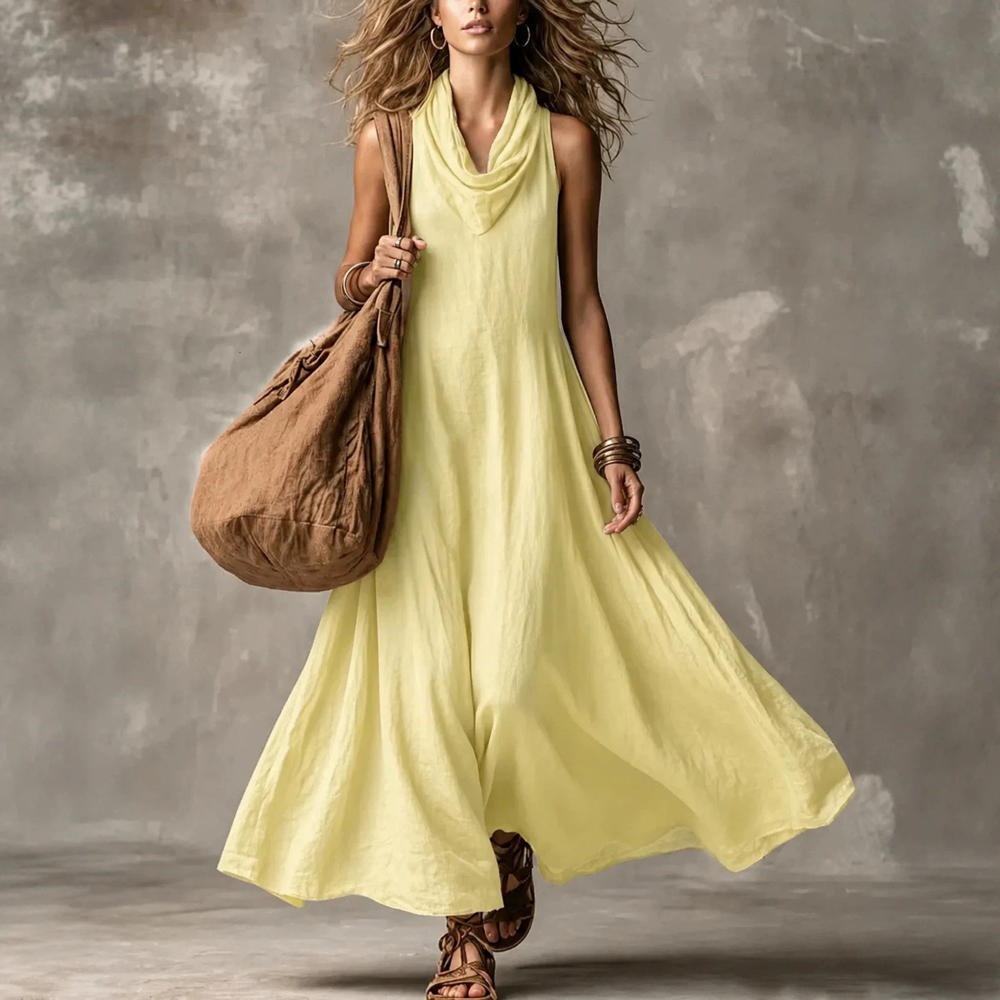 Cross-Border Amazon Temu Summer Sleeveless V-Neck Dress, Loose And Slimming, Long Skirt With A Large Hem, Vacation Style Women's Clothing Whole
