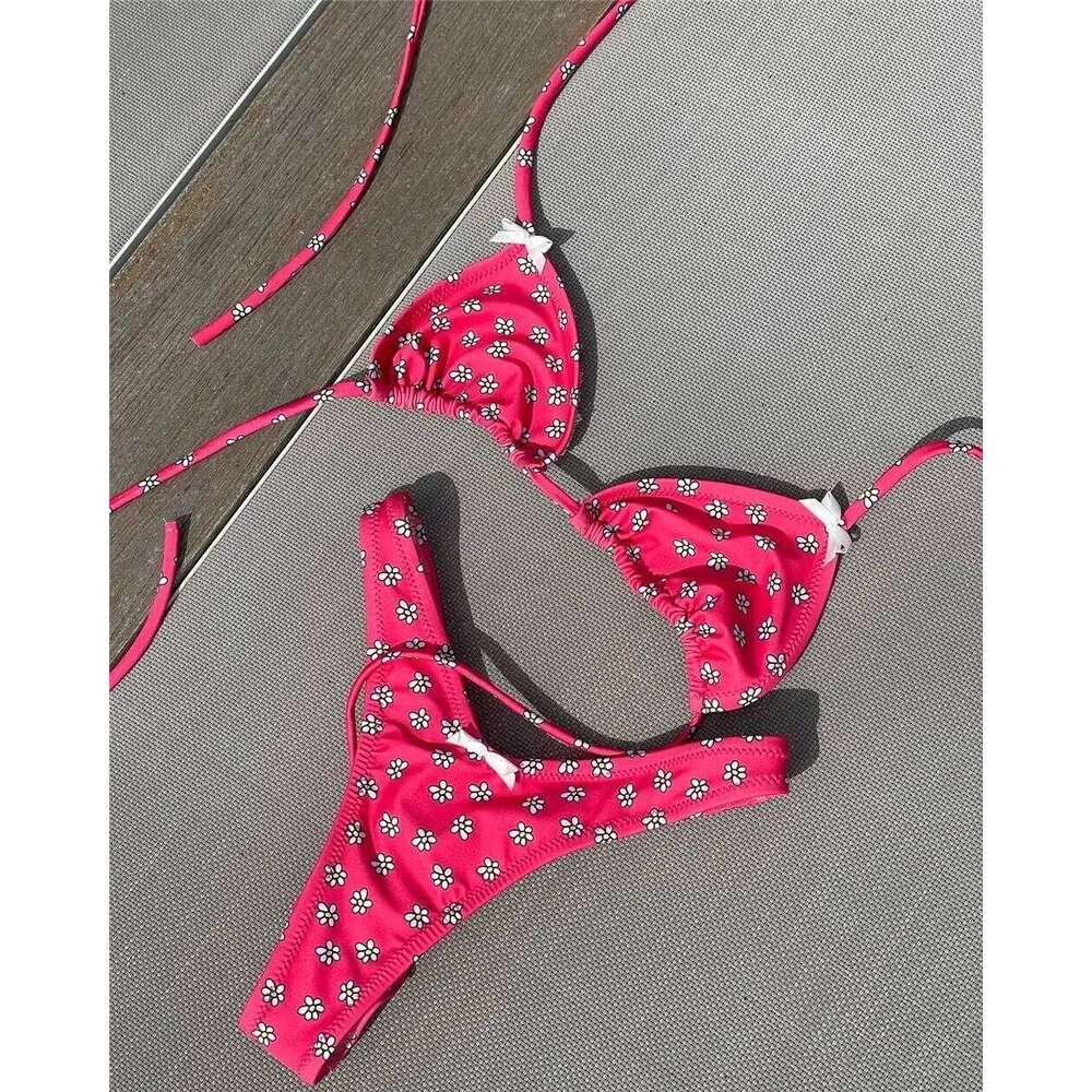 Flowers Printed Halter High Leg Cut Female Swimsuit Women Swimwear Two-pieces Bikini set Bather Bathing Suit Swim W260624