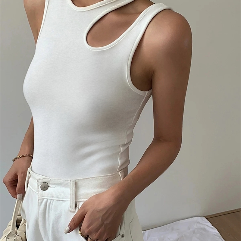 Womens White Ribbed Knit Tank Top Round Neck Cut Out Shoulder Slim Fit Sleeveless Cami Casual Vest Spring Summer Daily Outfit y260618