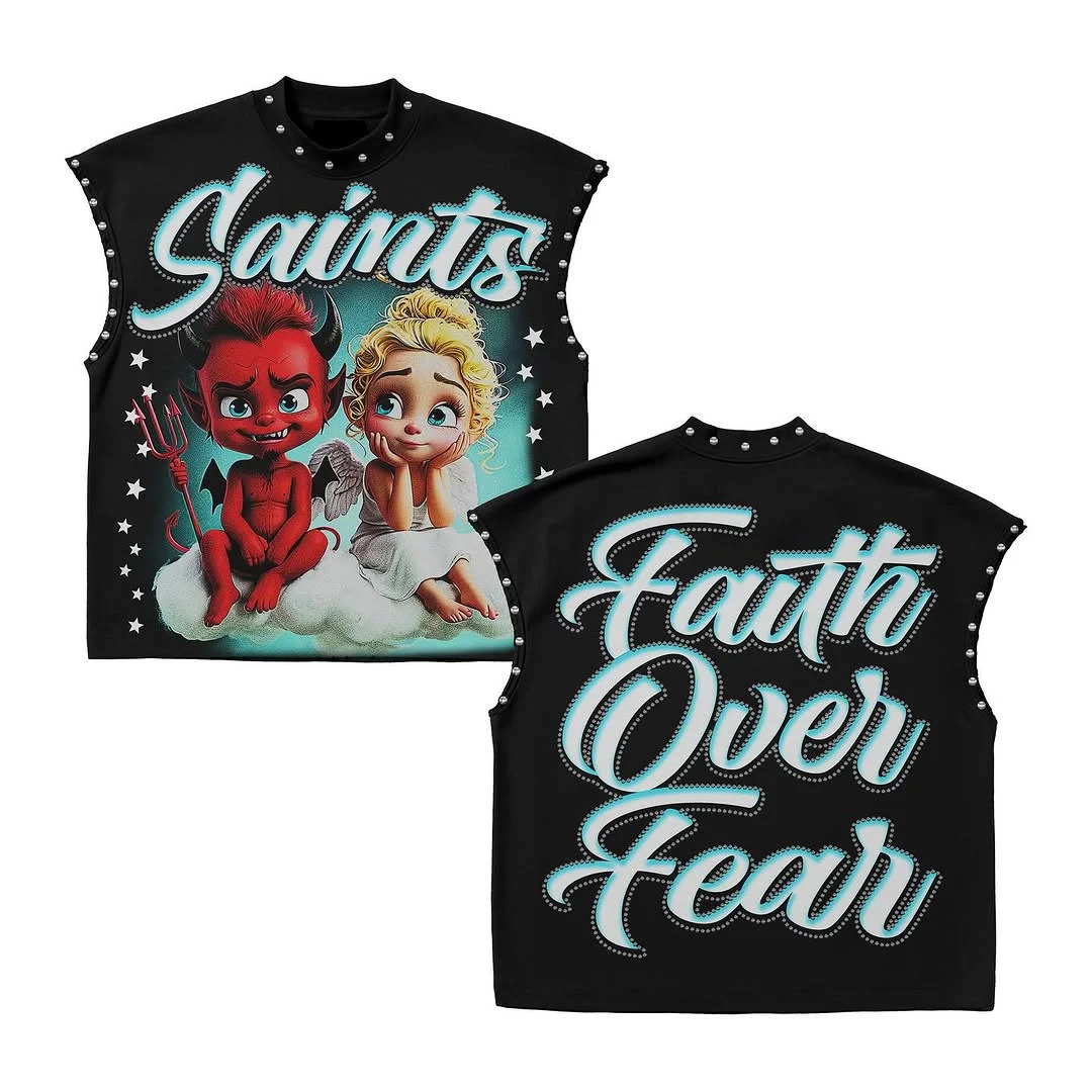 Y2K Retro Loose Cartoon Pattern Printed Oversized T-shirt Harajuku Street Punk Pure Cotton Casual Beach Sleeveless Couple Vest 260624