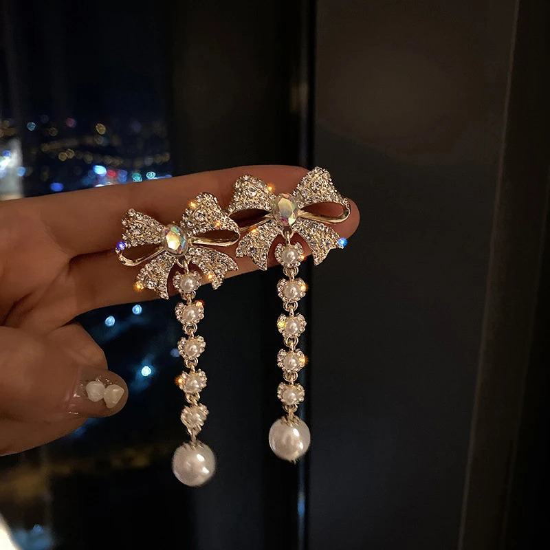 Korean Elegant Rhinestone Bowknot Drop Earrings for Women Girls Fashion Long Tassel Pearl Pendientes Weddings Party Jewelry260624