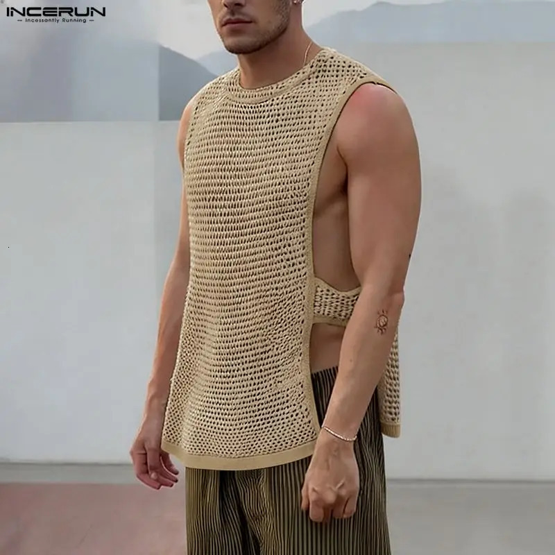 INCERUN Mens Tank Tops Summer Hollow Out See Through Split Men Clothes Streetwear Sexy 2026 Vacation Casual Male Vests Tops Man 260623