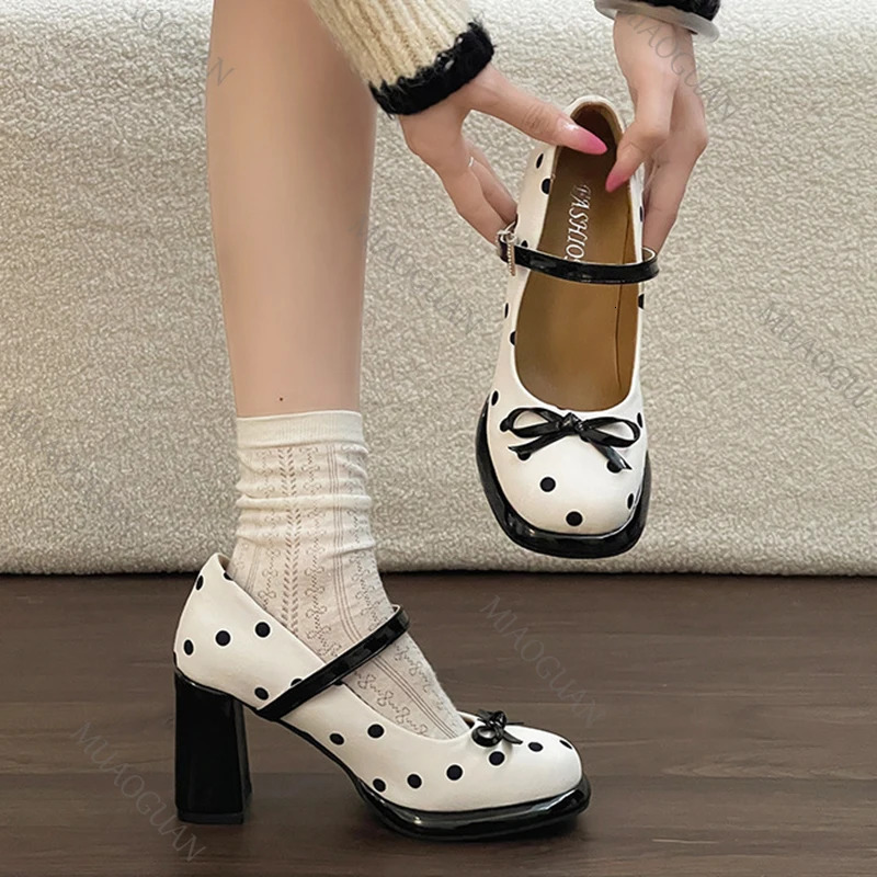 Sweet Polka Dot High Heels for Women Spring Autumn Fashion Square Toe Buckle Strap Pumps Bowknot Thick Heeled Ladies Shoes 260623
