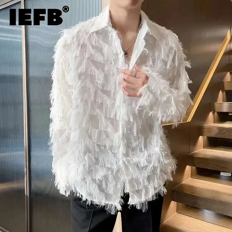 IEFB Korean Style Male Shirts Casual Tassel Lapel Long Sleeve Signle Breasted Solid Color Loose Mens Tops 9C6460 260615