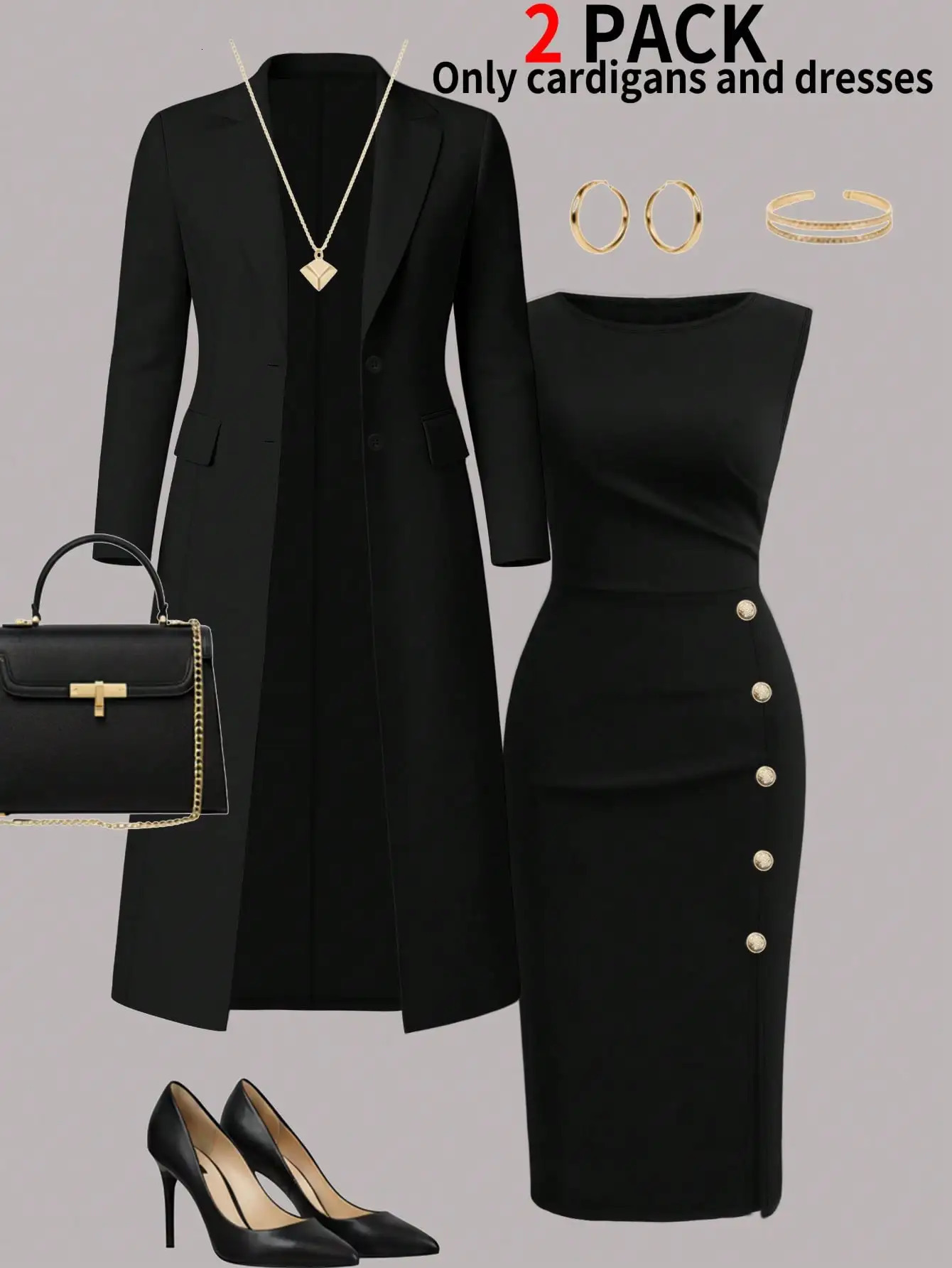 Womens Autumn and Winter Elegant Set Solid Color LongSleeved OpenFront Blouse Long Coat Versatile Fitting MidLength Sleeveless Buttoned Dress TwoPie