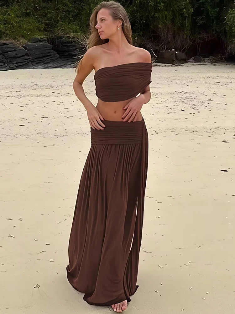 Mozision Women 2 Piece Set Elegant Strapless Crop Top And High Waist Split Maxi Skirt Sets Female Ruched Beach Club Party 260622
