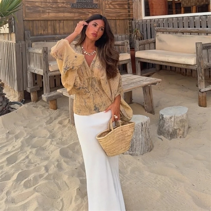KONDALA Boho Holiday Tie Dye Print Women Shirt V Neck Long Sleeve Elastic Slim Blouse Fashion 2026 Spring Summer Party Women Top i260616