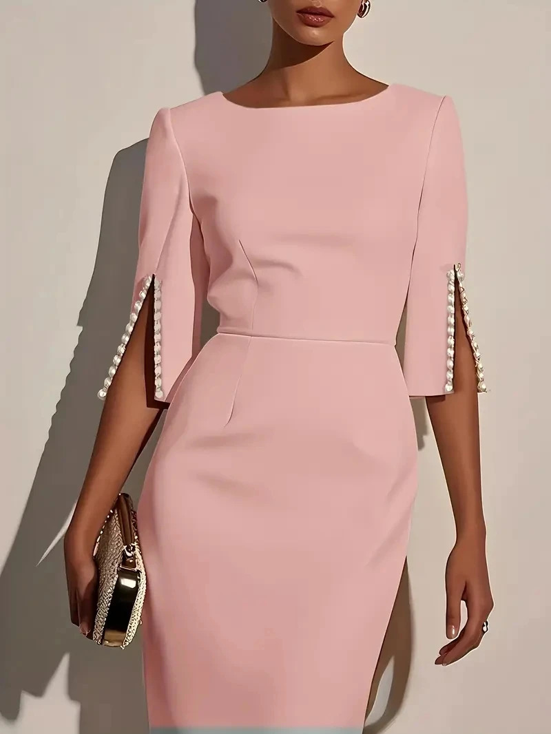 Womens Solid Color Pencil Midi Dress Pearl Embellished Half Sleeve ONeck Elegant Office Wear 260624