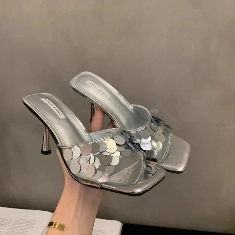 Summer Selling Womens High Heels and Slippers Fashionable and Elegant Square Toe Outdoor Versatile Silver Women Shoes 260624