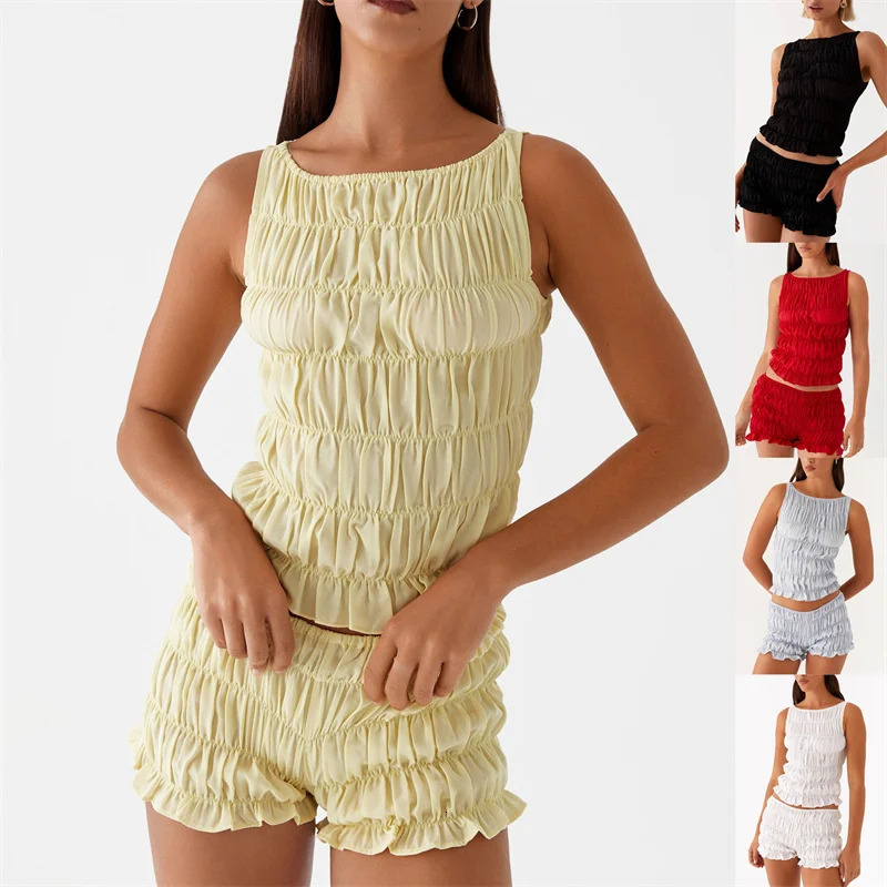Women Summer Oneck Folds Tank TopsShorts Suit Sleeveless Slim Solid Tees Ruched Shorts Beach Style Fashion 2pcs Sets Outfits 260623banjia