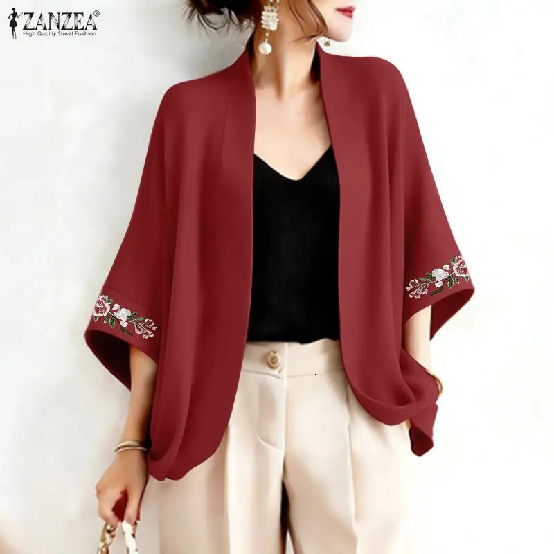 2026 Cardigan estivo ZANZEA Kimono vintage da donna per le vacanze Camicetta ricamata a 34 maniche Camicia da lavoro femminile Top casual Cappotti s