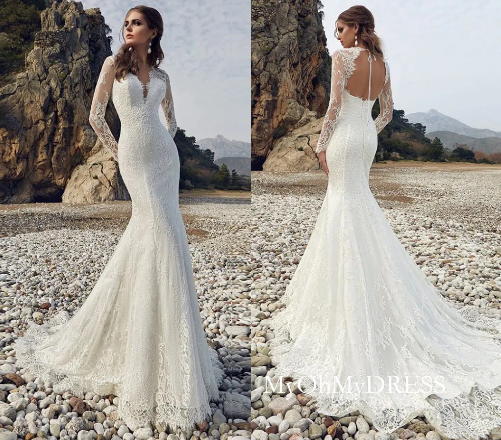 Custom Made Long Sleeve Lace Mermaid Wedding Gowns Vestido De Novia Sexy Open Back Elegant Bridal Dresses Robe Mariee Y624