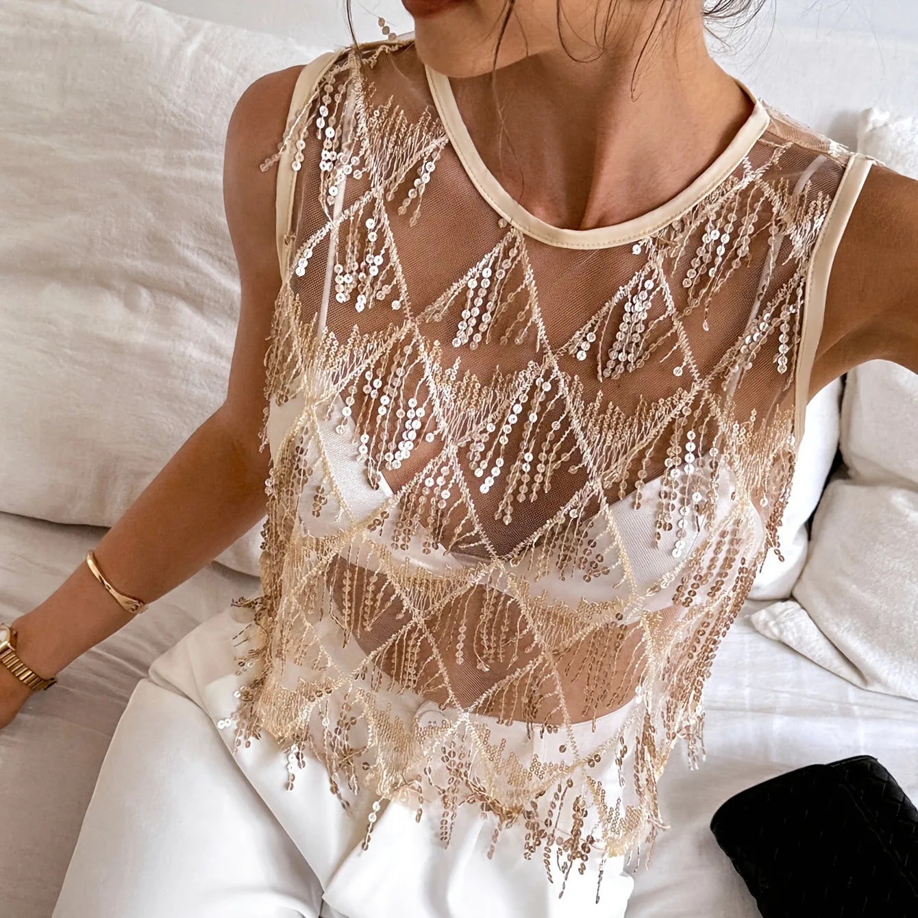 Y2K Sexy Womens Sequin Fringe Mesh Crop Top Sheer Sleeveless See Through Blouse Clubwear Party Night Out Casual Tops 260623