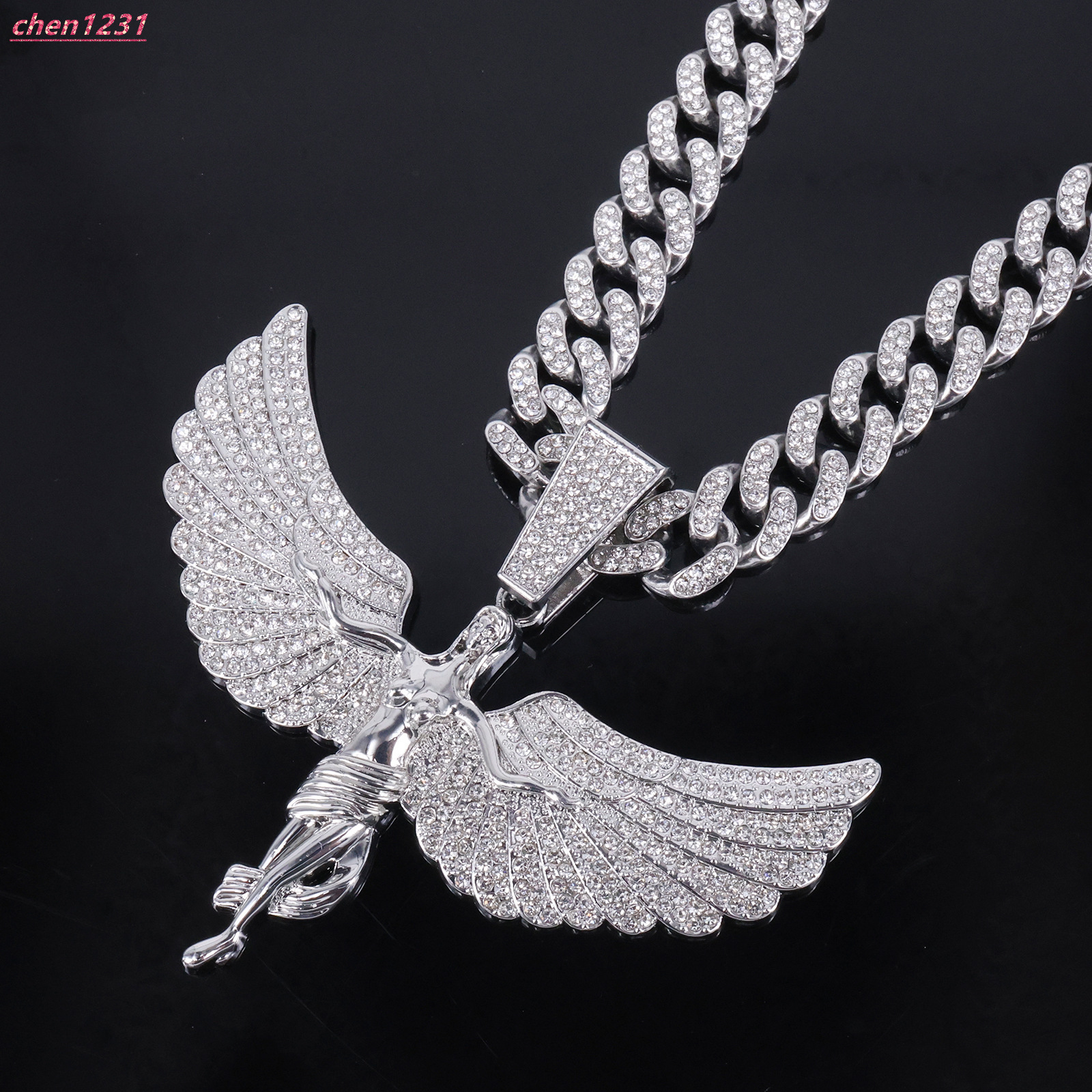 Men's Diamond Rap Hip Hop Necklace Gold Silver Pink Pendant New Goddess Angel Wings Cross Wholesale