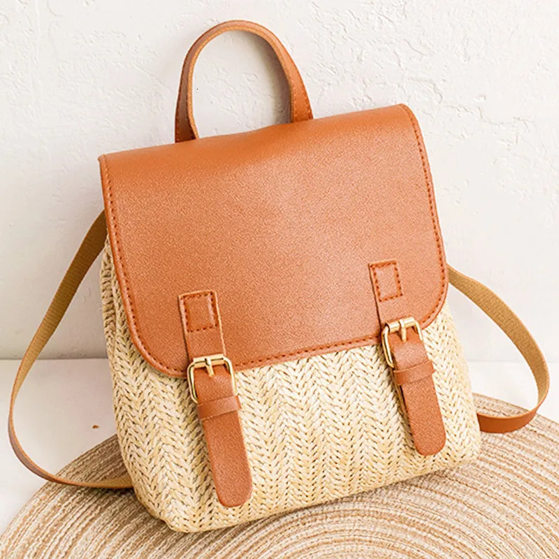 Vintage Straw Backpack Womens Fashion Shoulder Bag Versatile Straw Woven PU Leather Elegant y er Small Backpack 260624