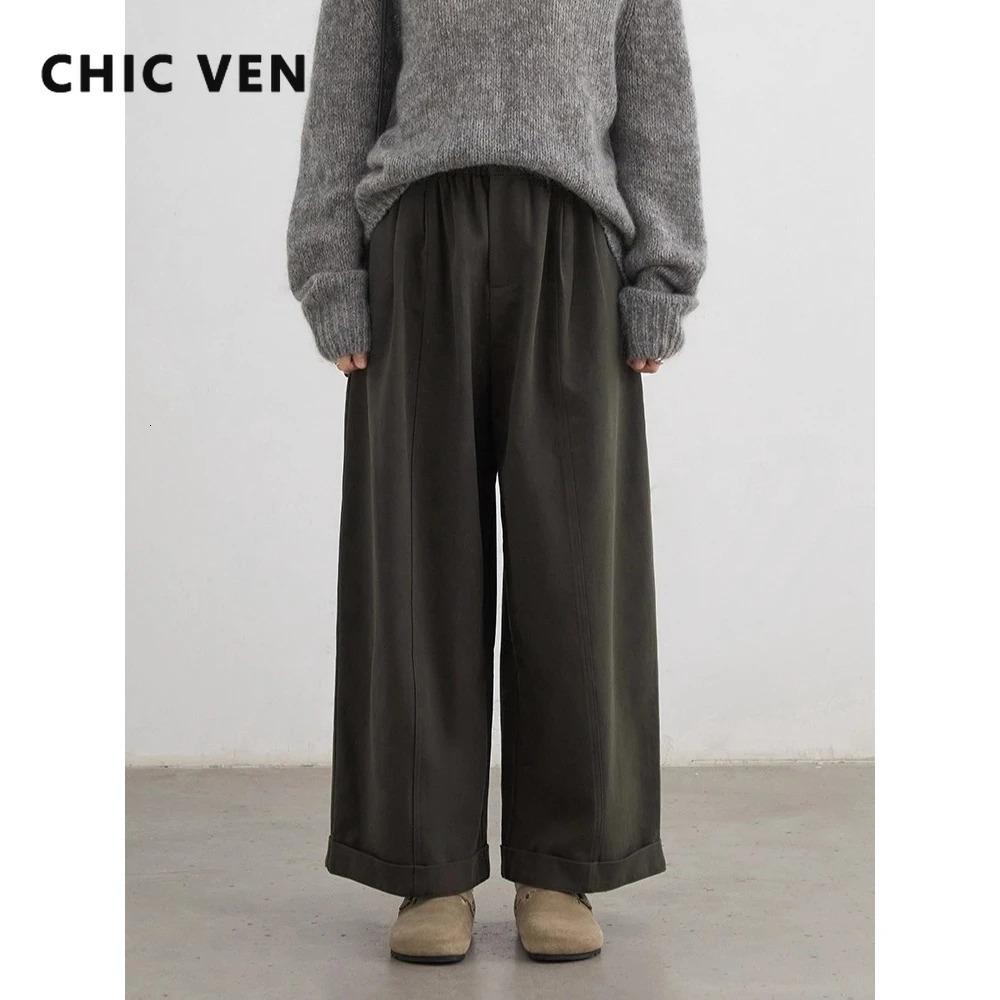 CHIC VEN Women Pants High Waist Loose Solid Wide Leg Casual Female Trousers Elastic Waist Folding Pants Autumn Winter 260624
