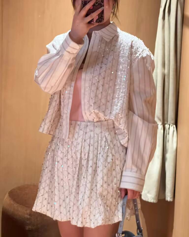 Camicia a righe da donna con paillettes in rilievo con unghie francesi, camicetta a maniche lunghe, top o minigonna per donna MAKOUFEI
