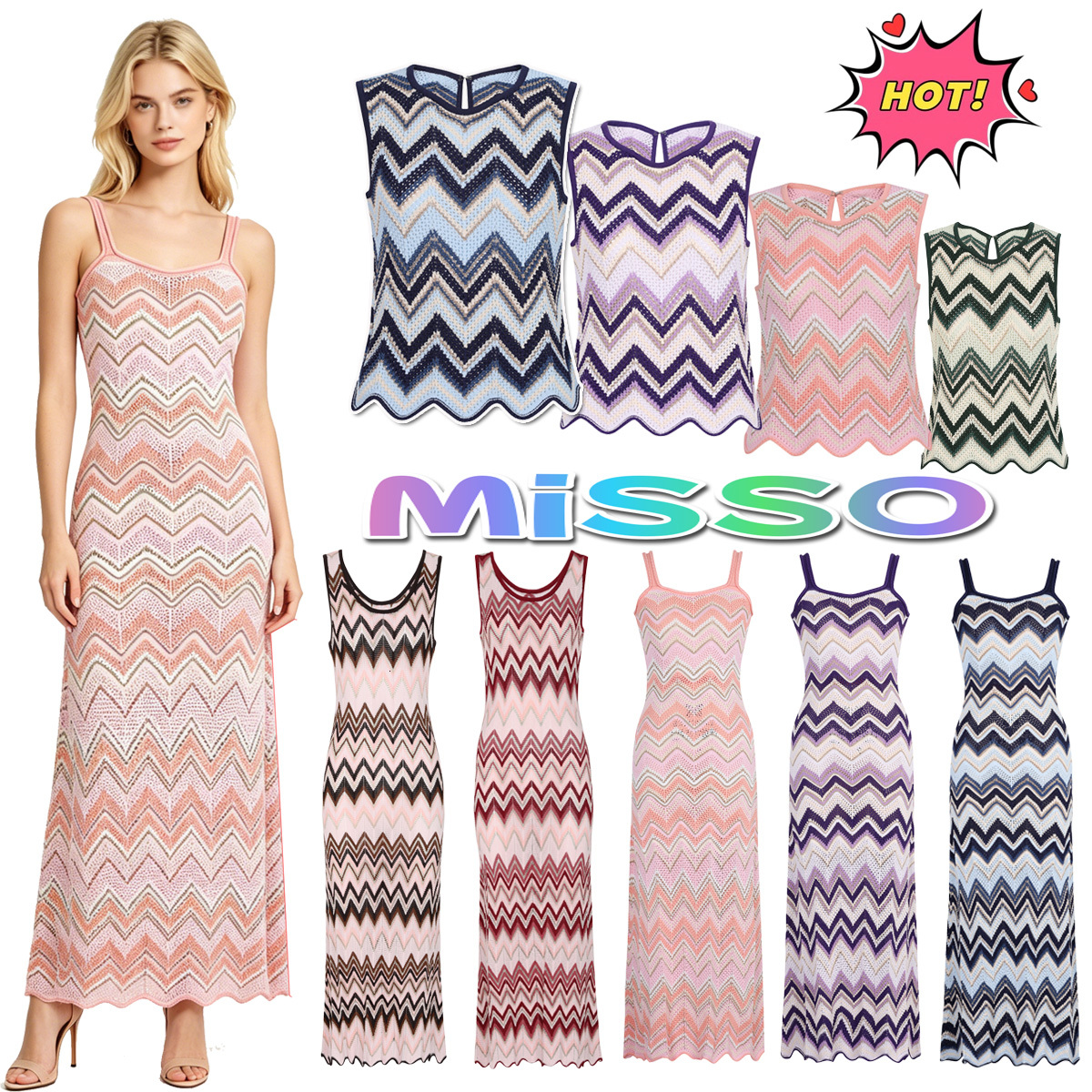 Elegant Sling Bodycon Long Dress Misson dress Luxury Designer Hollow Chevron Knit Maxi Matching Top Women For Beach Resort Ruffle Hem Design