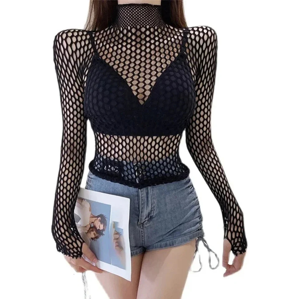 Womens Sexy Mesh Long Sleeve Fishnets Tops Fun Fashion Slim Fit Tops Hollow Out See Through Loose Female T-shirts Crop soft Top 260623
