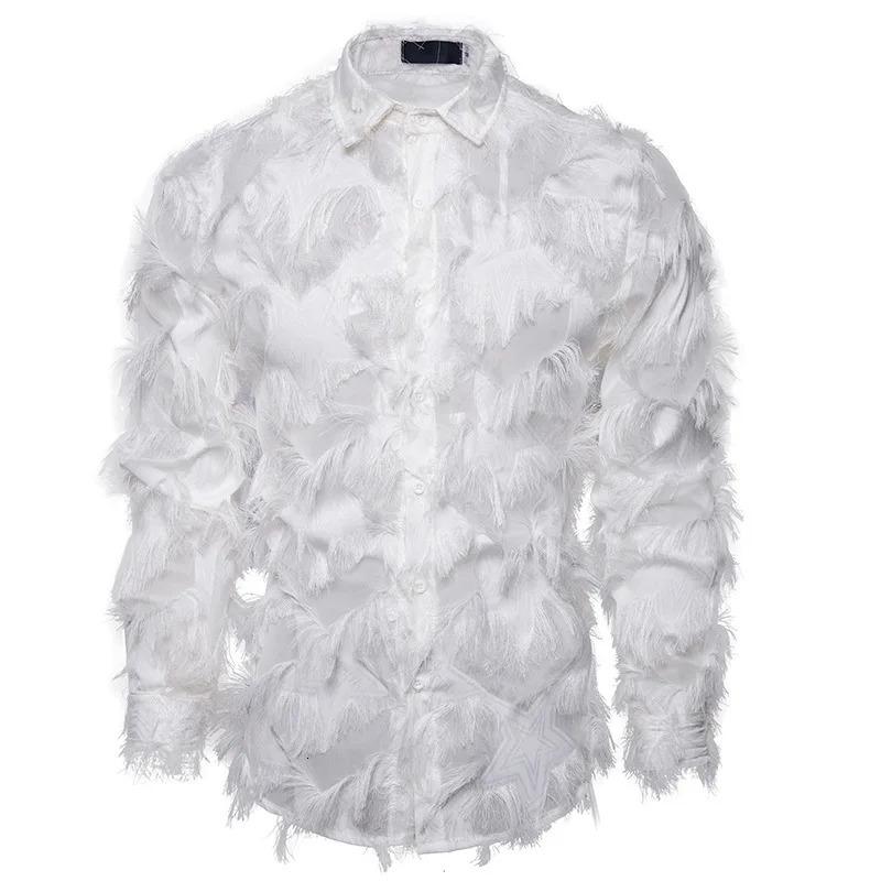 Black White Streetwear Hip Hop Shirt Men Tassels Party Night Club Mens Shirts With Long Sleeves Euro Size Spring Autumn 260615