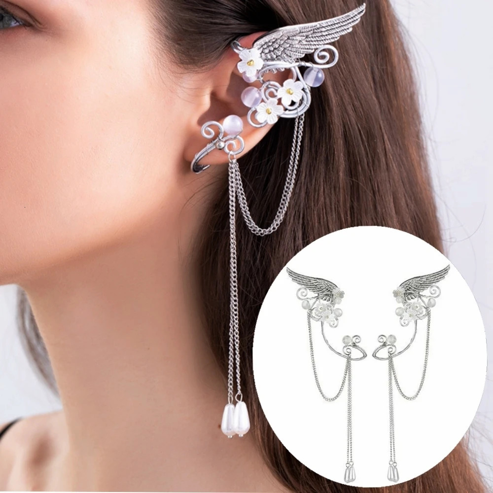 Charm Fairy Long Tassel Elf Ear Cuff Wrap Wings Resin Flowers No Piercing Elven Clip On Earrings For Women Cosplay260624