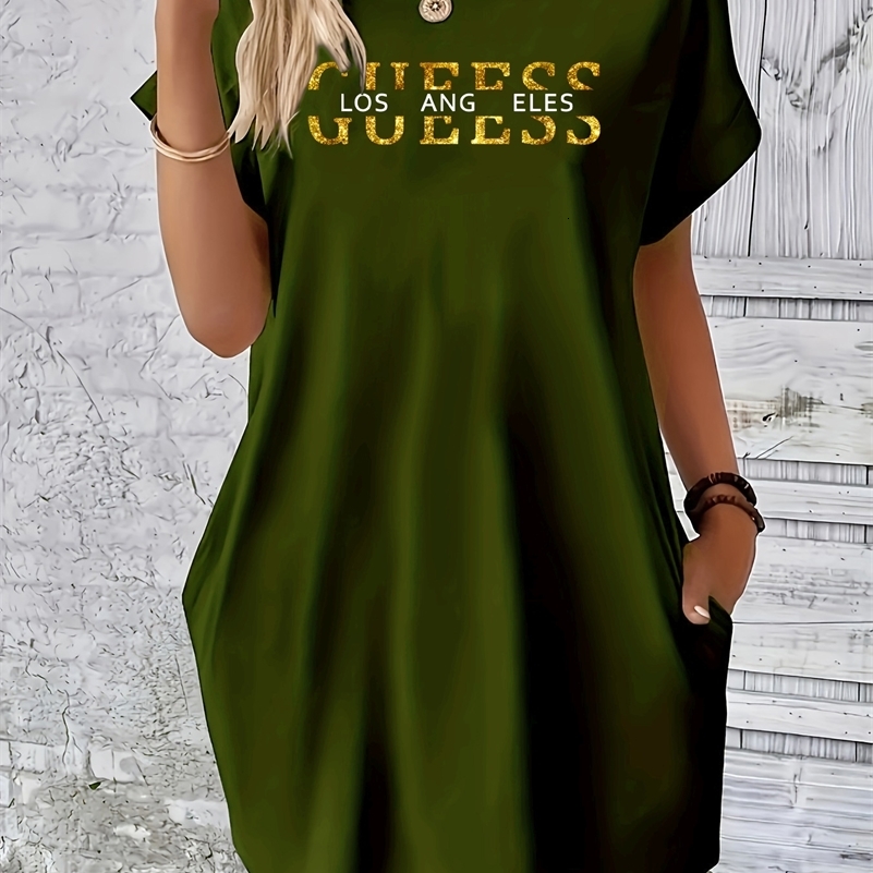Ladies summer loose GUEESS Los Angeles letter pattern print round neck short sleeved pocket comfortable casual plus size dress260601ww