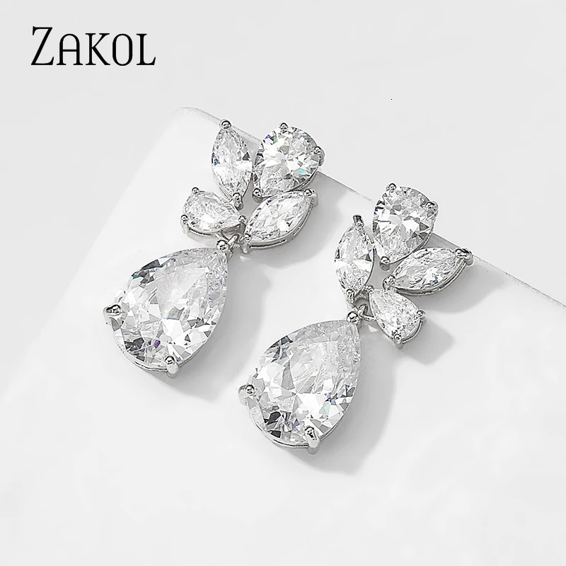 ZAKOL moda gota de agua circonita cúbica pendientes colgantes para boda Marquesa corte cristal blanco novia oreja joyería regalo 260623