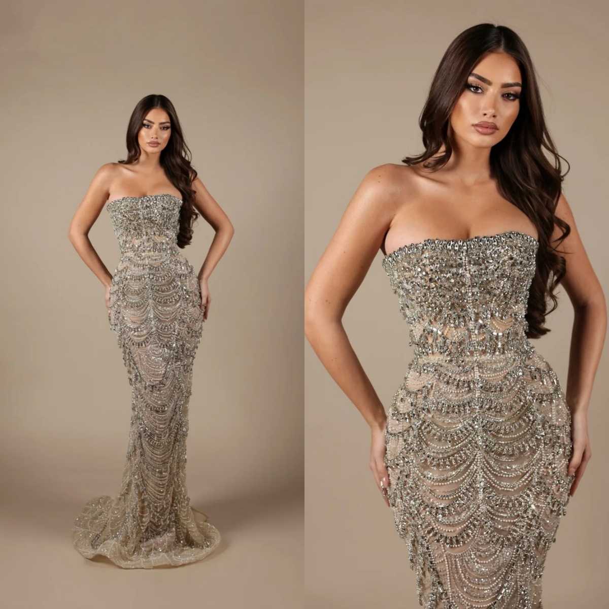 Gorgeous Strapless Crystal Evening Dresses Beaded Mermaid Prom Dress Sequins Sleeveless Customized Party Gown Vestidos De Noche Plus Size