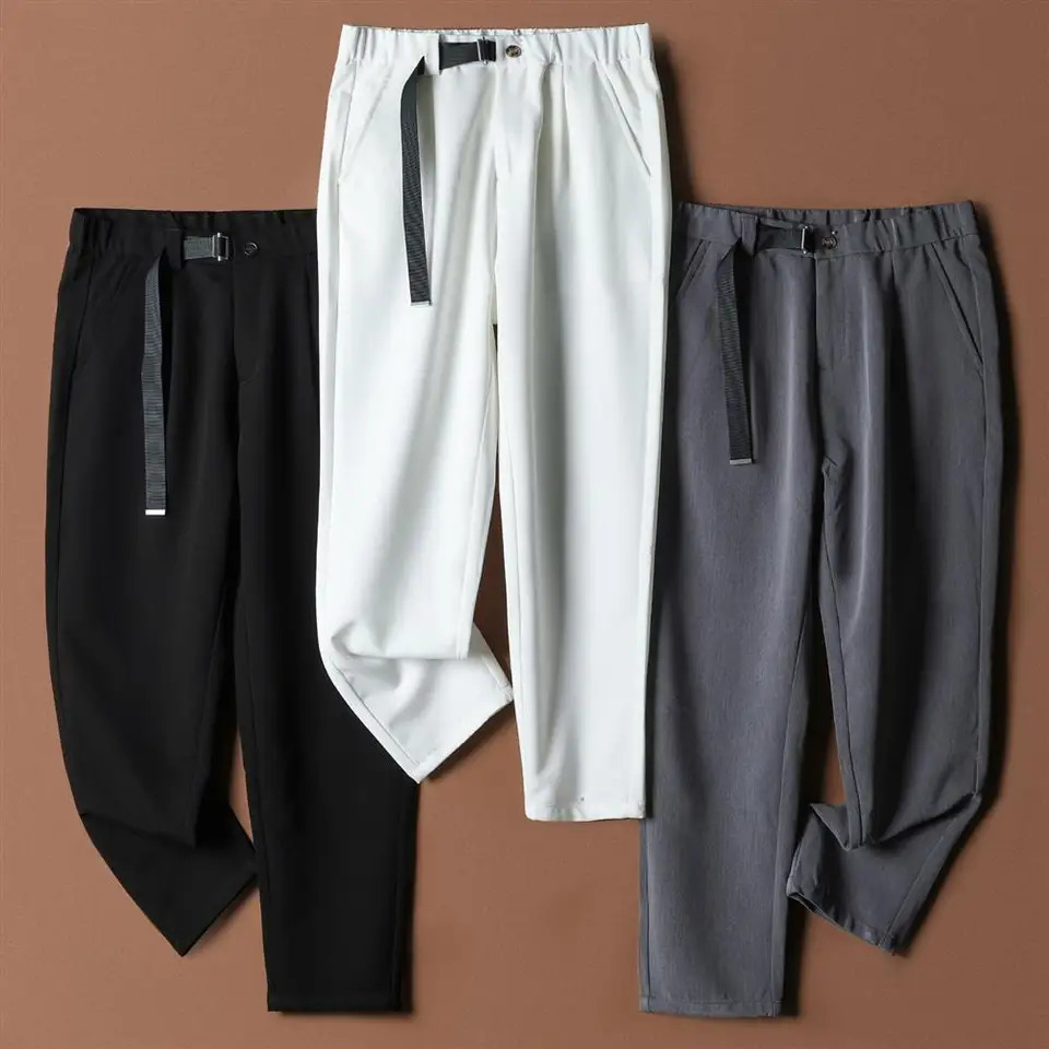 White Stretch Casual Ankle Pants Silhouette Mens Elegant Suit Summer Korean Straight Loose Smart Trousers 260618