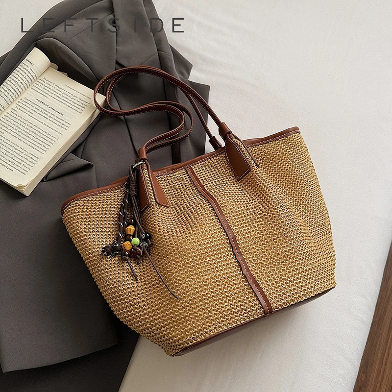 Womens Large Capacity Woven Leather Tote Bag Vacation Casual Aesthetic Daily Beach Shoulder 2026 Summer Handbags 260623