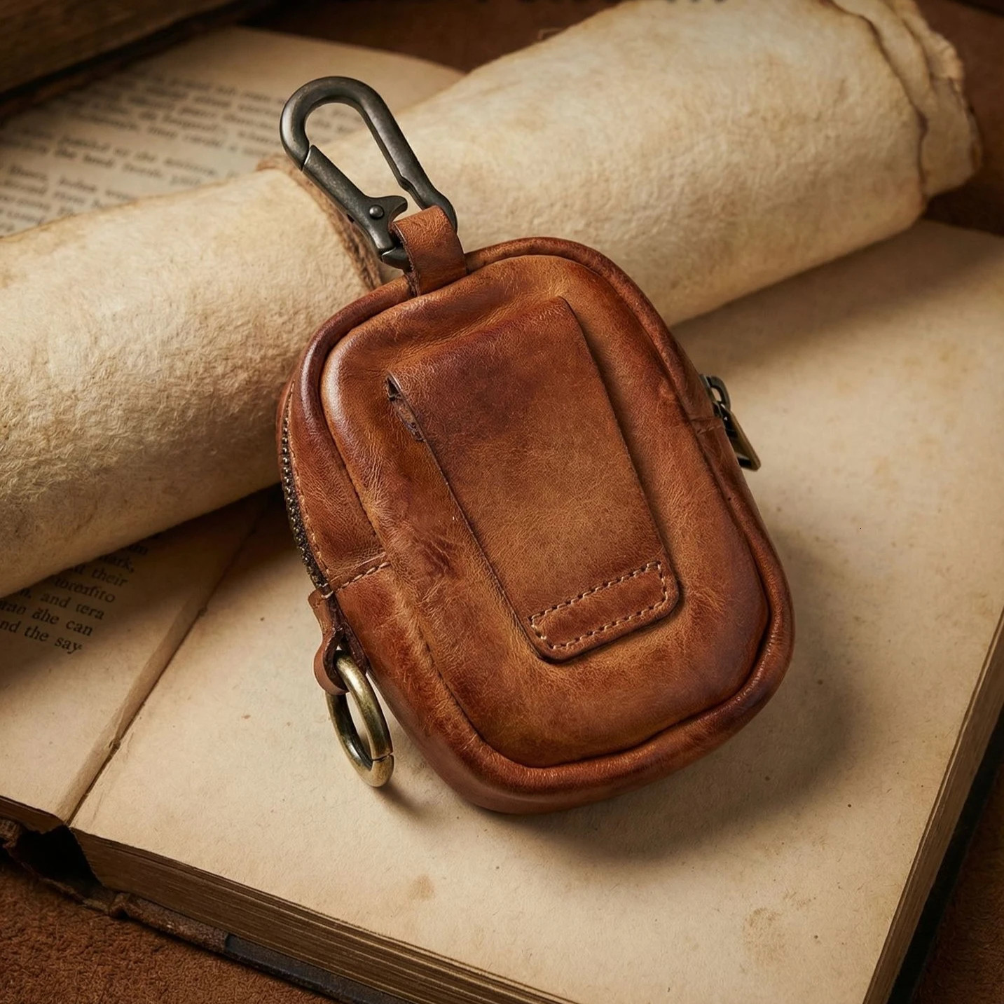 Mens Coin Purse Genuine Leather Mini Coin Wallet Zipper Pocket with Back Belt Loop Lightweight Keychain Pouch for Men 260622