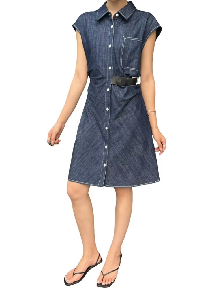 Summer 2026 - Designer Denim Skirt - Women's Sleeveless Denim Shirt Dress, featuring a collar and buttons, with a triangle logo design, stylish