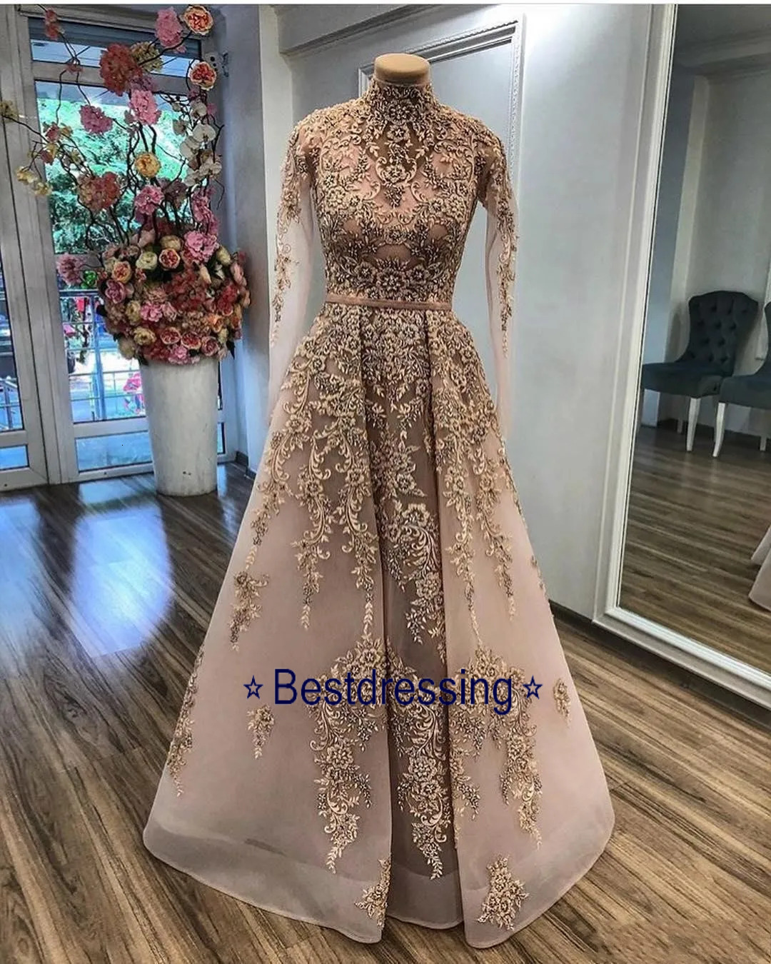 2022 Luxurious Lace Crystal Beaded African Dubai Evening Wear High Neck Long Sleeves Prom Dresses Vintage Formal Party Bridesmaid Pageant Gowns Bd62